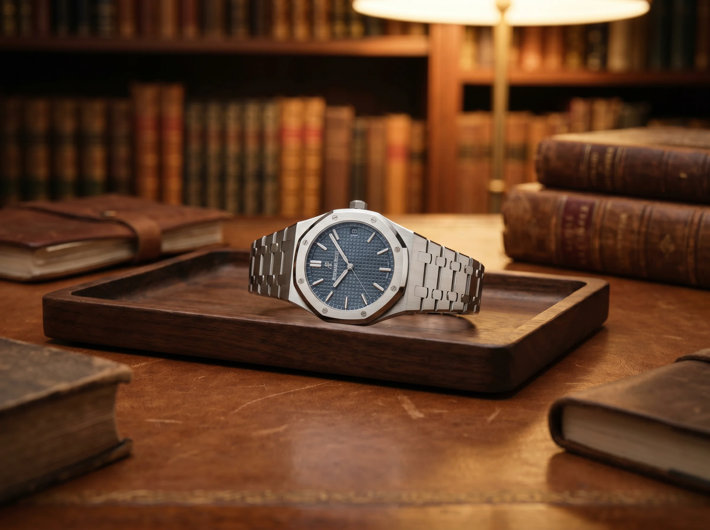 Audemars Piguet Royal Oak Selfwinding 15500ST stainless steel wristwatch with smoke blue Grande Tapisserie dial and integrated bracelet on walnut tray