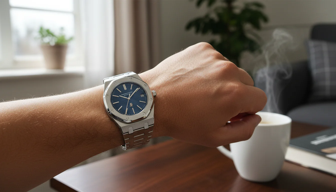 Audemars Piguet Royal Oak steel Jumbo worn on the wrist at a coffee table, everyday lifestyle shot