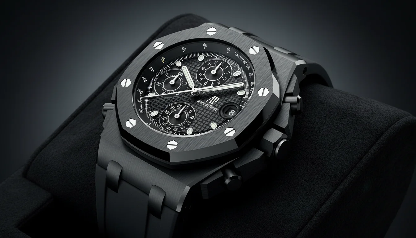 Black ceramic Audemars Piguet Royal Oak Offshore chronograph, the model collectors call the Beast, shown in studio close up