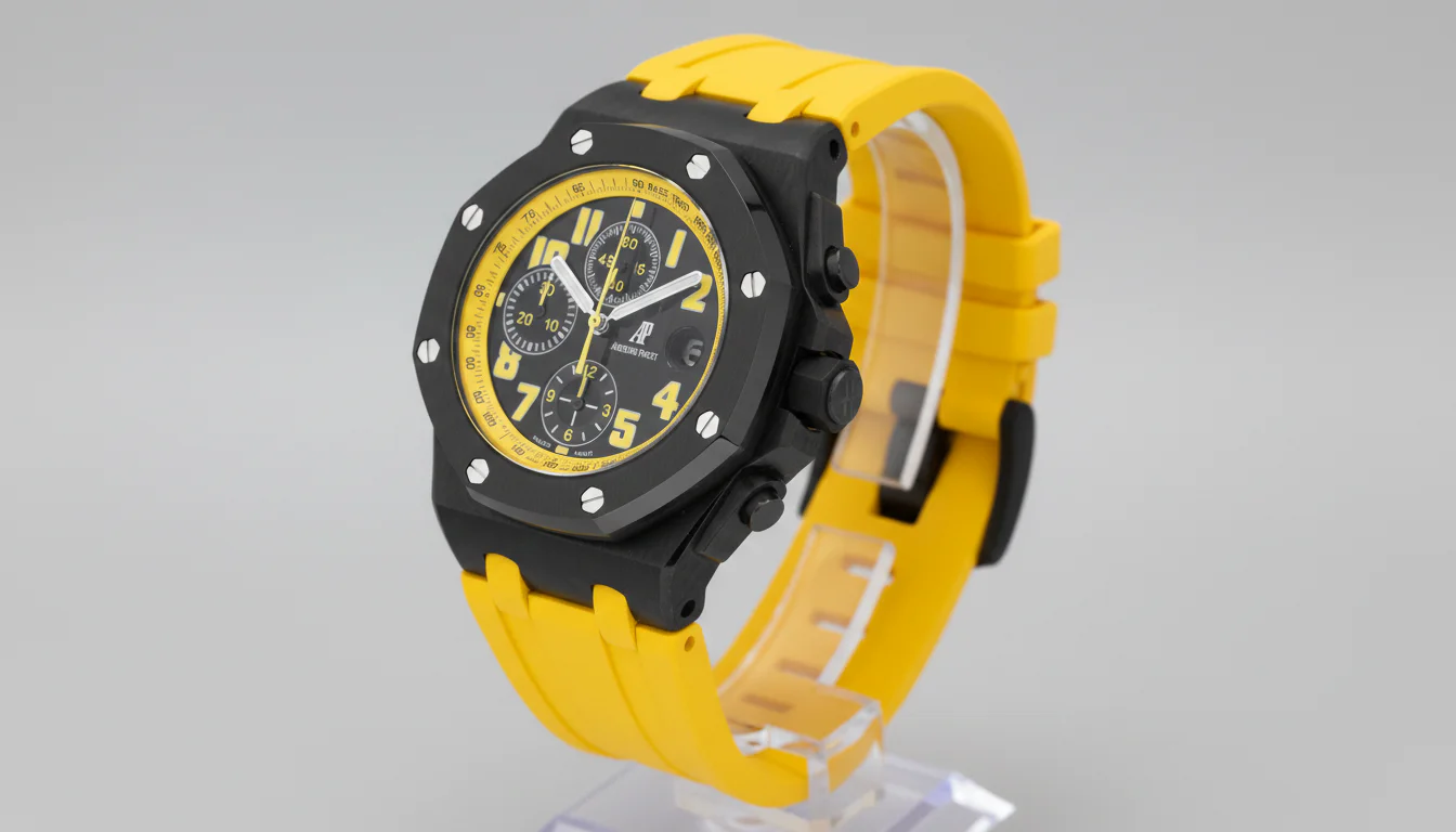 Audemars Piguet Royal Oak Offshore reference 26176FO in black and yellow, the Bumblebee, on its yellow rubber strap