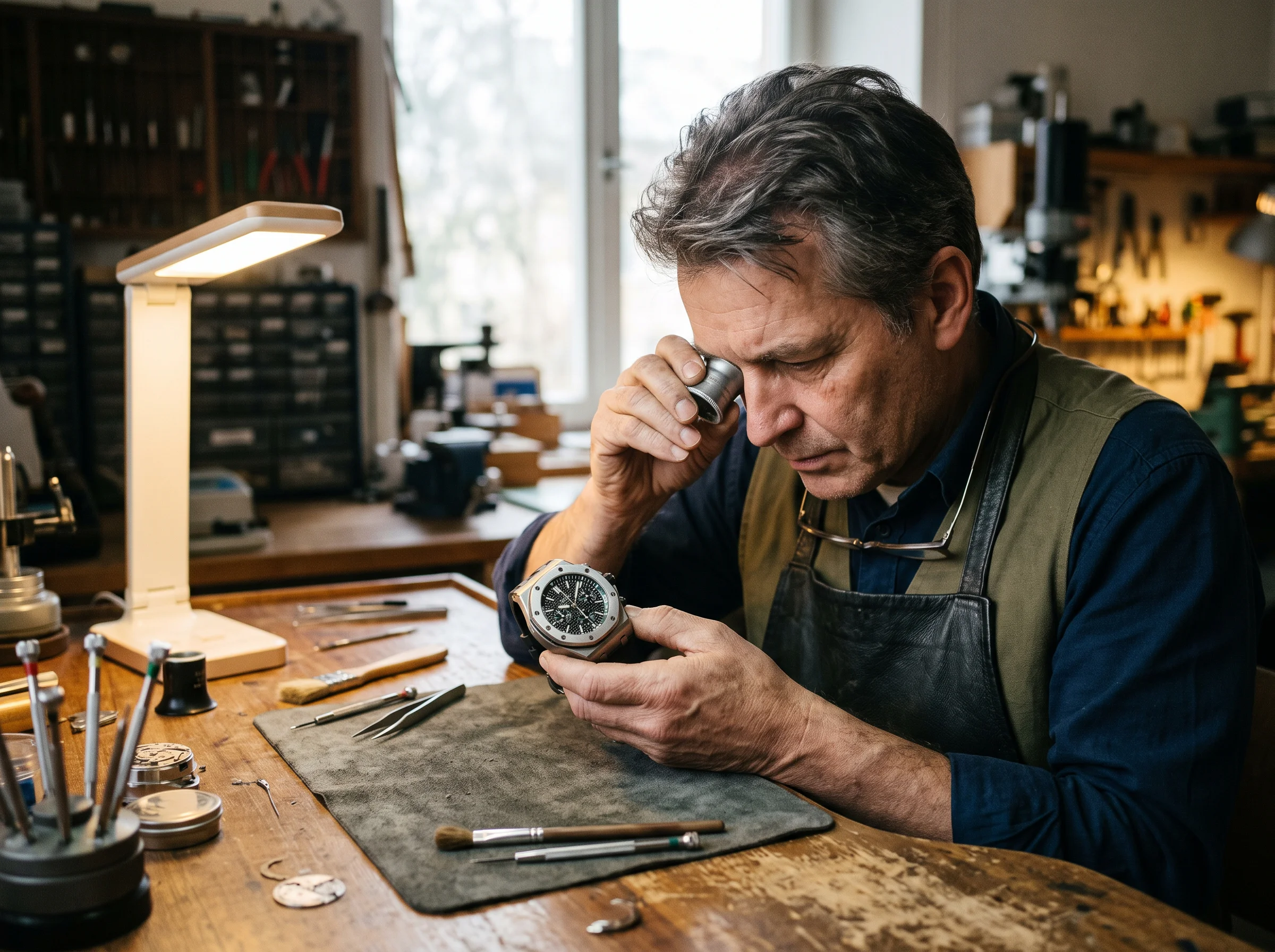 A watchmaker using a loupe to inspect the bezel screws and case engraving of a bold sports chronograph