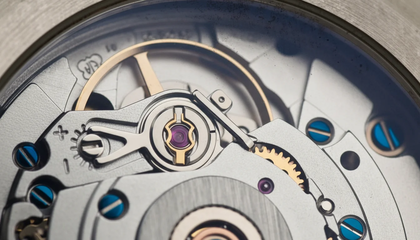 Macro of an automatic watch movement showing the cam and lever mechanism used to drive date change functions