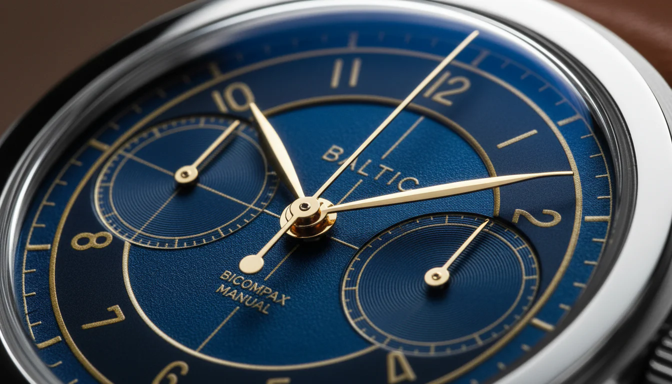 Macro shot of the Baltic Bicompax 002 chronograph dial with blue gilt finish and twin registers