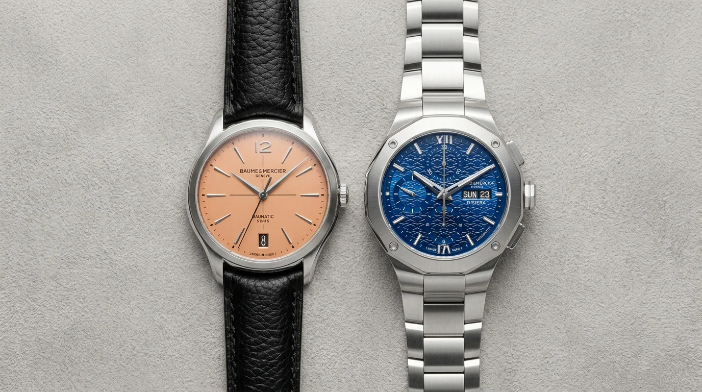 Baume et Mercier Clifton and Riviera watches side by side on a gray suede surface