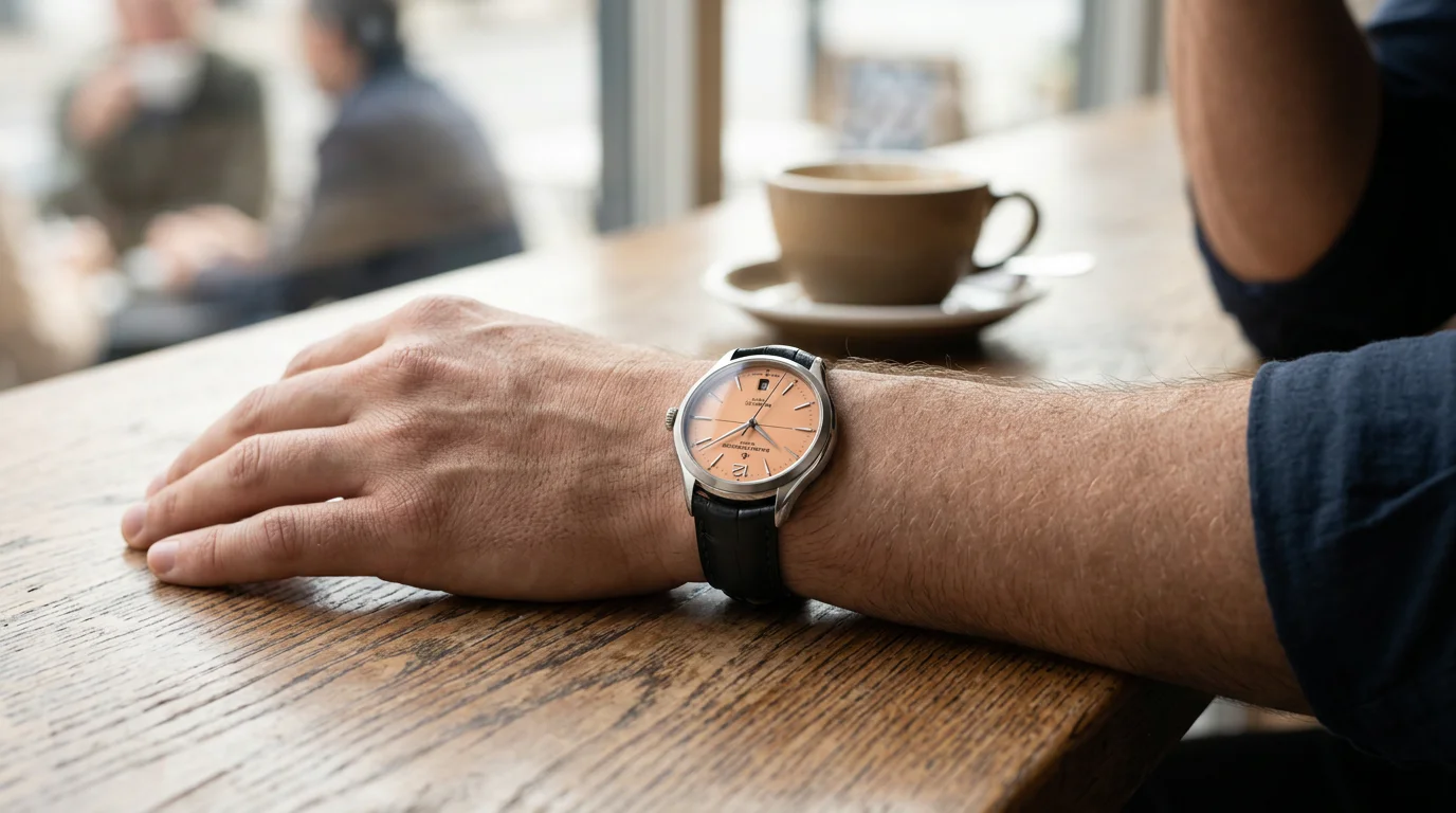 Baume et Mercier Clifton salmon dial watch worn on the left wrist, closer angle at a cafe table