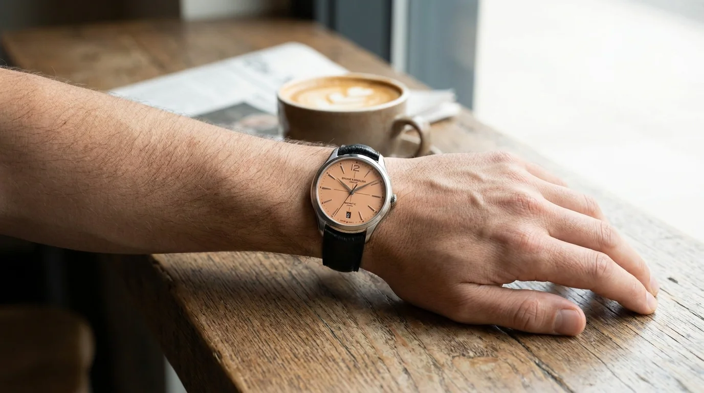 Baume et Mercier Clifton salmon dial watch worn correctly on the left wrist in a cafe setting