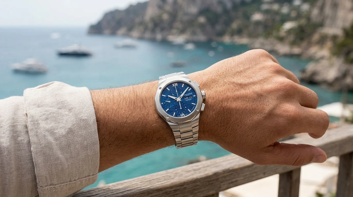 Baume et Mercier Riviera blue dial chronograph worn on the wrist overlooking a coastal Mediterranean bay