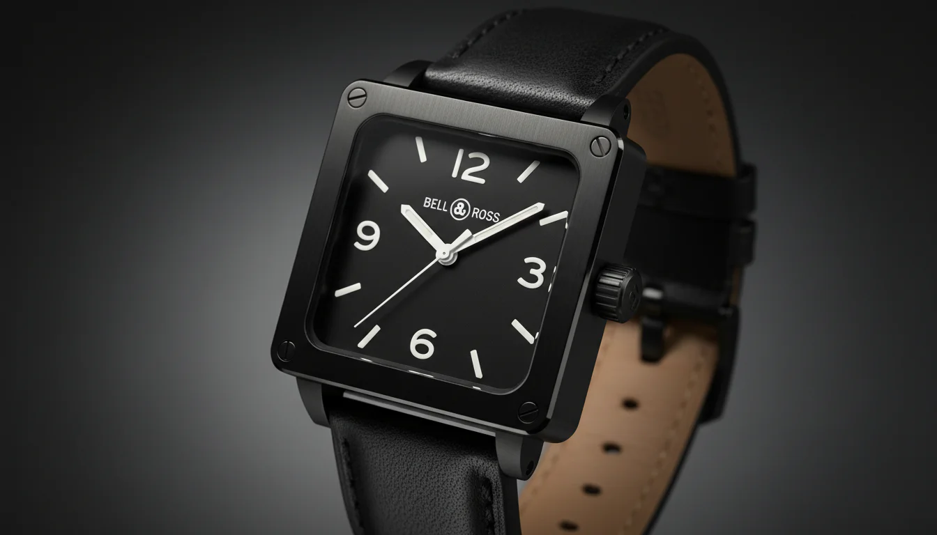 Black square case Bell and Ross BR 03-92 pilot watch on a black leather strap in studio lighting