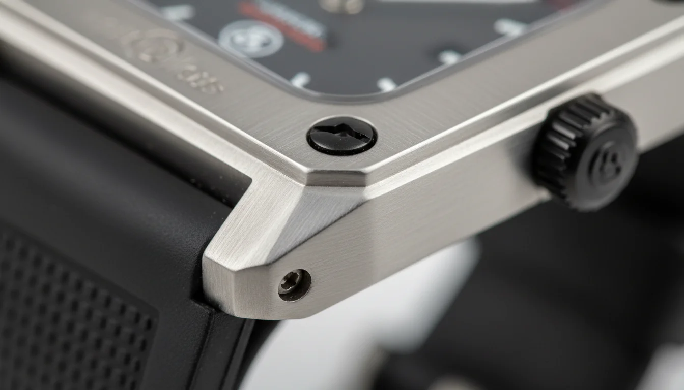 Macro shot of the square case corner and screw down crown of a Bell and Ross BR 03 watch