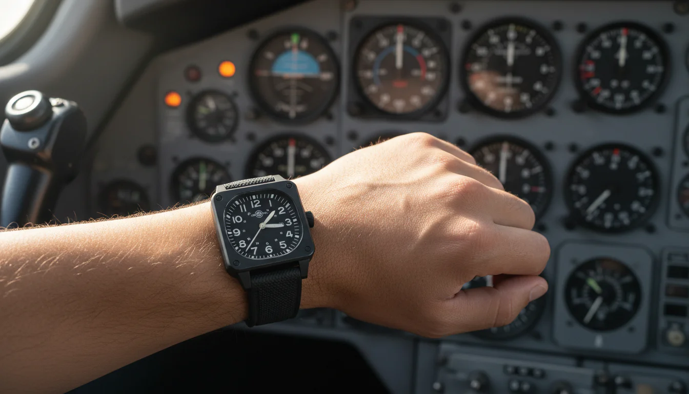 Wrist wearing a black square case Bell and Ross BR 03 pilot watch against an aircraft cockpit instrument panel