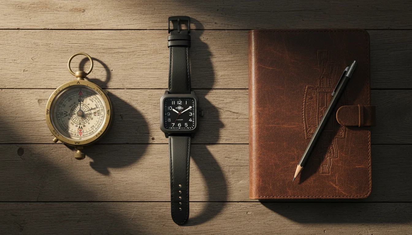 Overhead flat lay of a black square case Bell and Ross BR 03 watch next to a vintage compass and leather notebook
