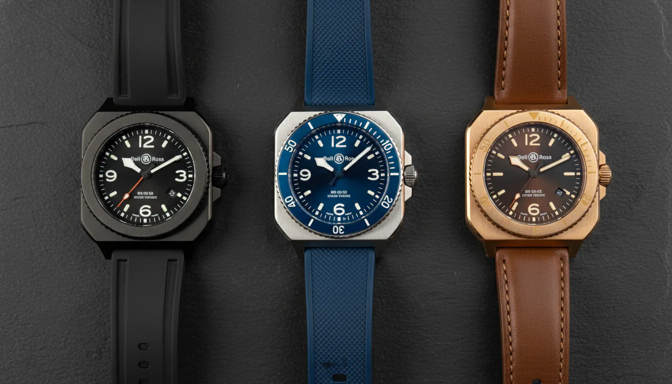 Three Bell and Ross BR 03 square watches side by side, black dial, blue diver, and bronze case