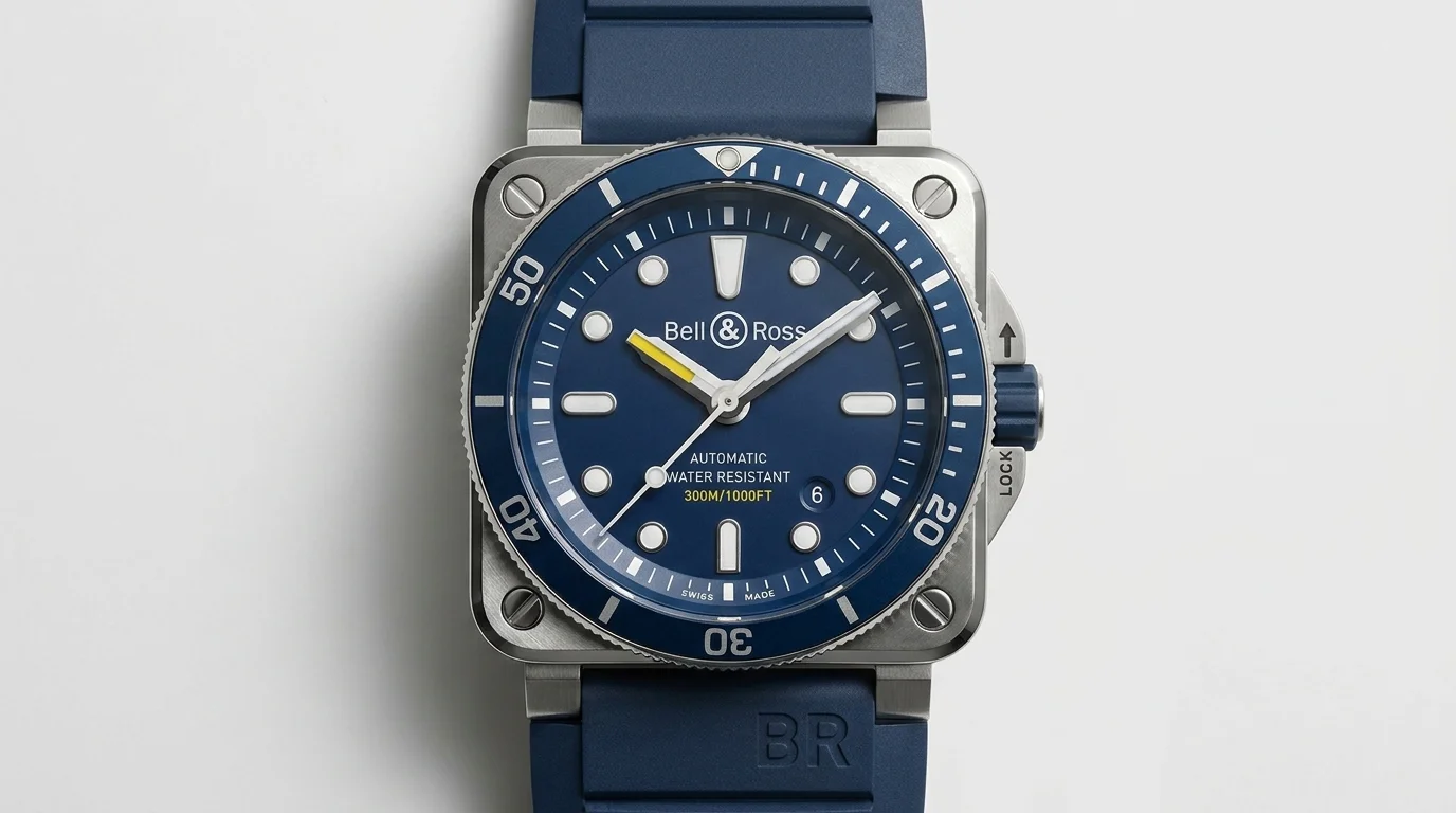 Bell & Ross BR 03-92 Diver square case watch with exposed corner screws and rotating bezel.