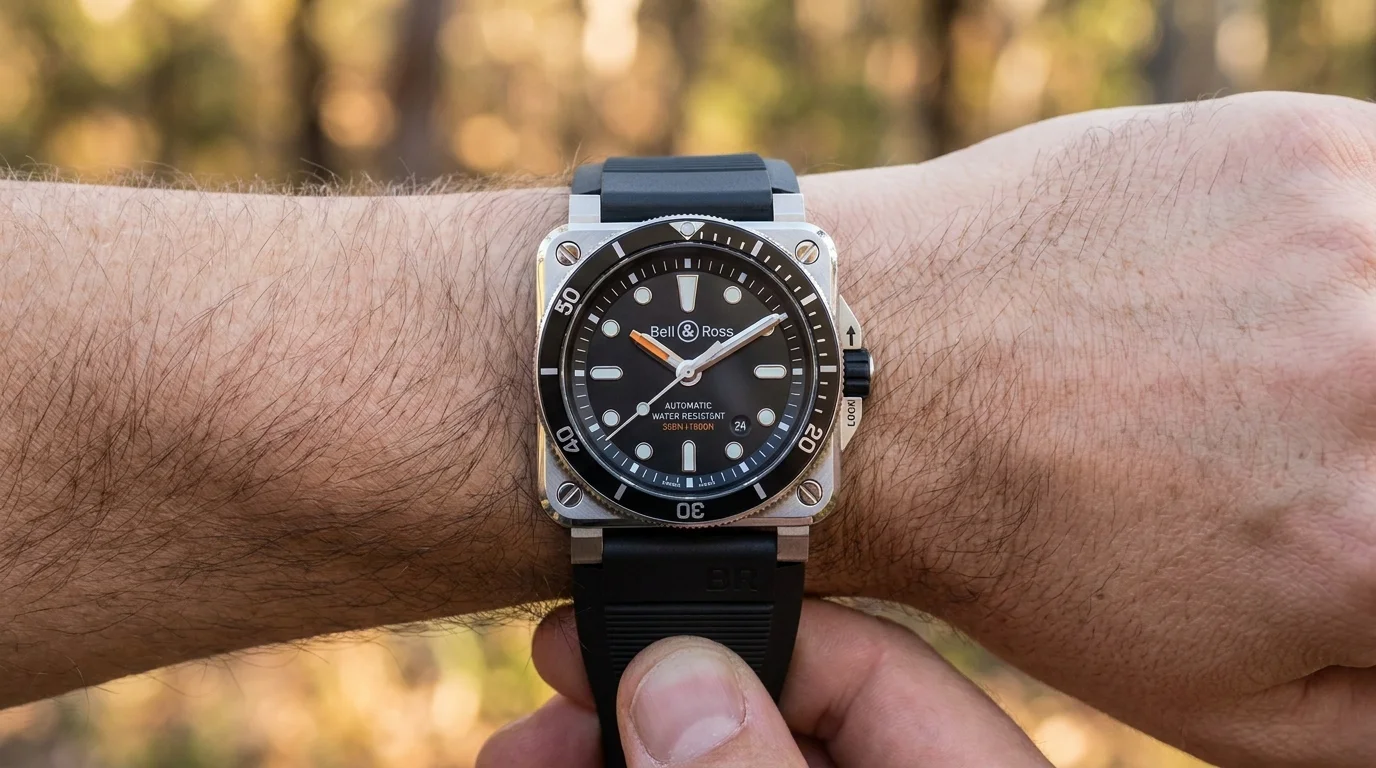 Bell and Ross BR 03-92 square case dive watch worn on a wrist outdoors with corner screws visible.