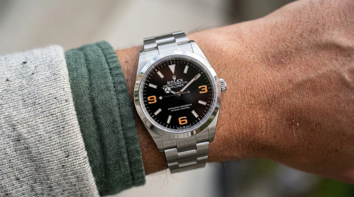 Rolex Explorer reference 124270 worn on the wrist, a 40mm best-in-class everyday watch