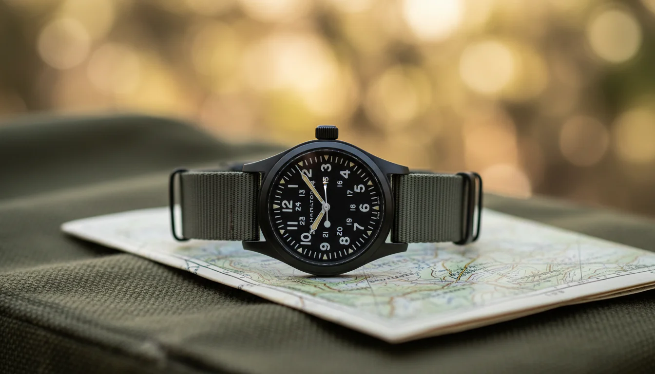 Best field watches 2026, Hamilton Khaki Field Mechanical on an olive NATO strap