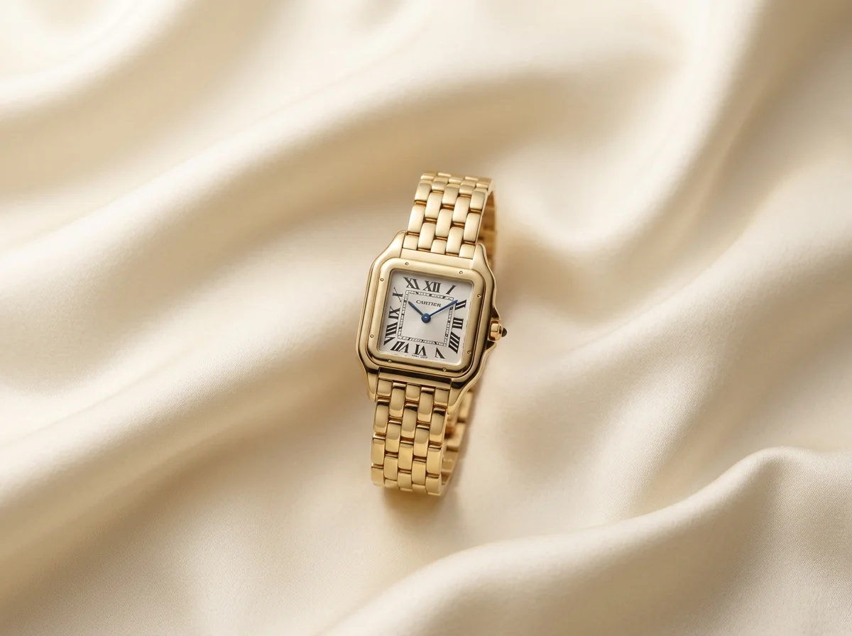 Cartier Panthere de Cartier in yellow gold with a silver dial and supple gold link bracelet on cream silk