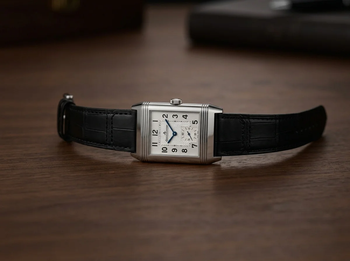 Jaeger-LeCoultre Reverso Classic in steel with a guilloche dial on a black strap resting on walnut