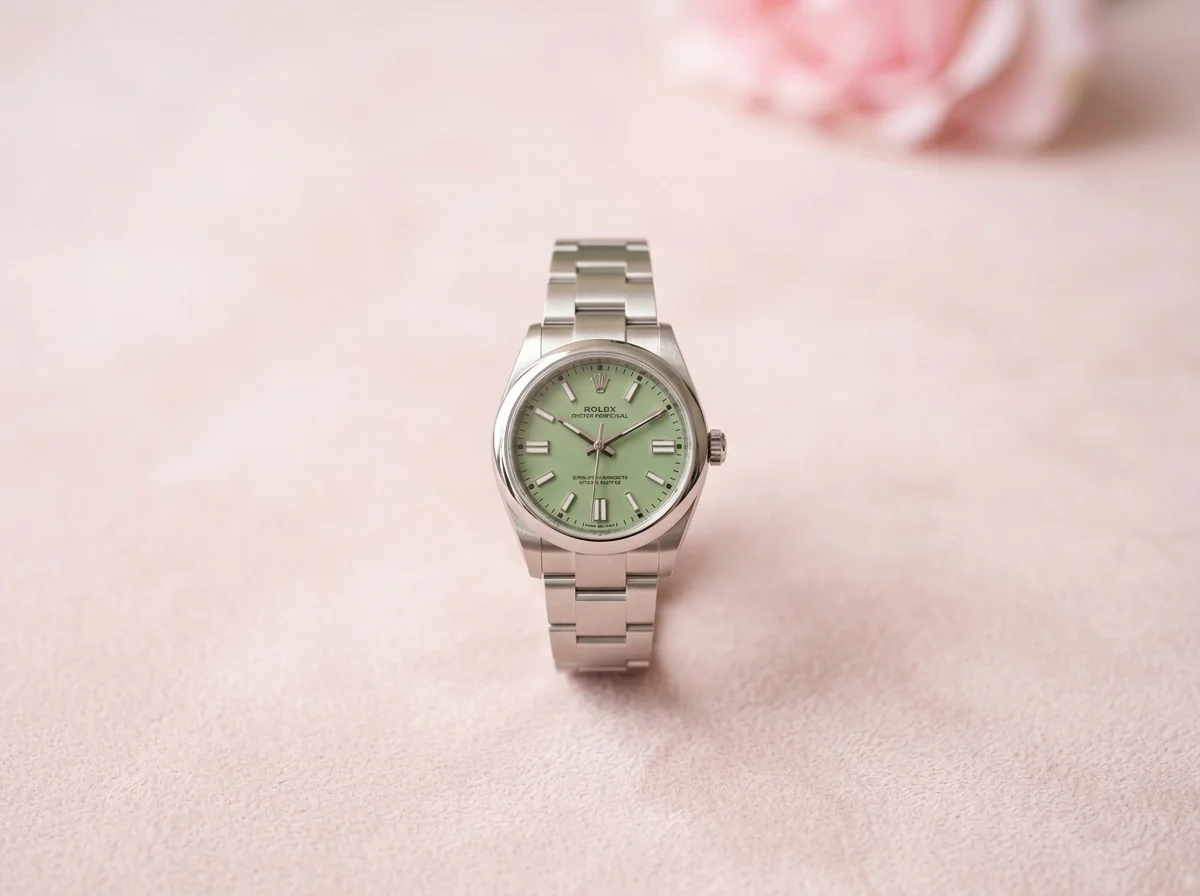 Rolex Oyster Perpetual 31 with a pistachio green dial on a soft blush surface