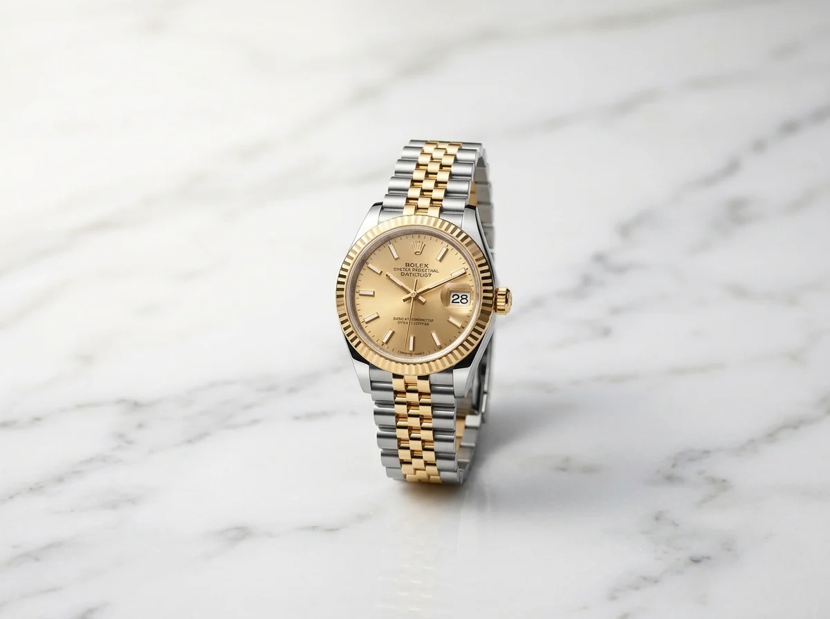 Rolex Lady-Datejust in two-tone steel and gold with a champagne dial and Jubilee bracelet on marble