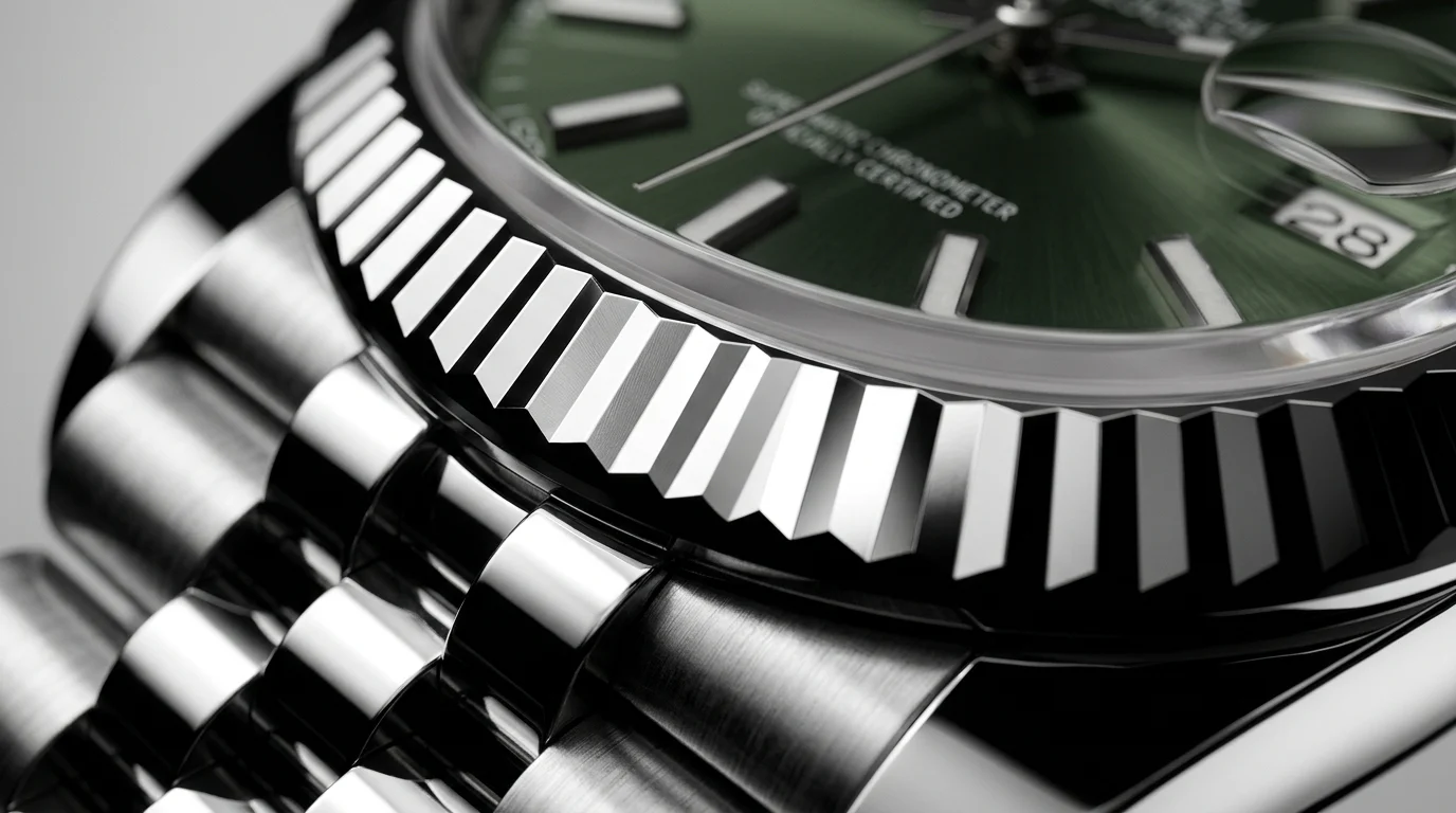 Close-up of a Rolex Datejust fluted coin-edge bezel catching raking light