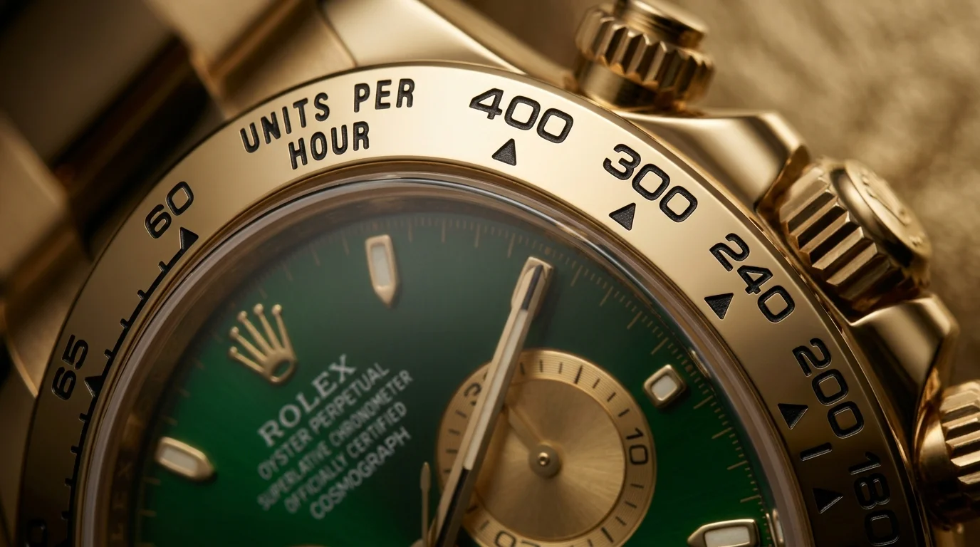 Close-up of a Rolex Daytona tachymeter bezel showing the printed speed scale numerals