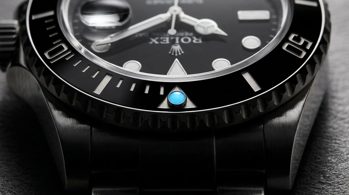 Close-up of a Rolex Submariner unidirectional dive bezel showing the minute graduations and zero triangle marker