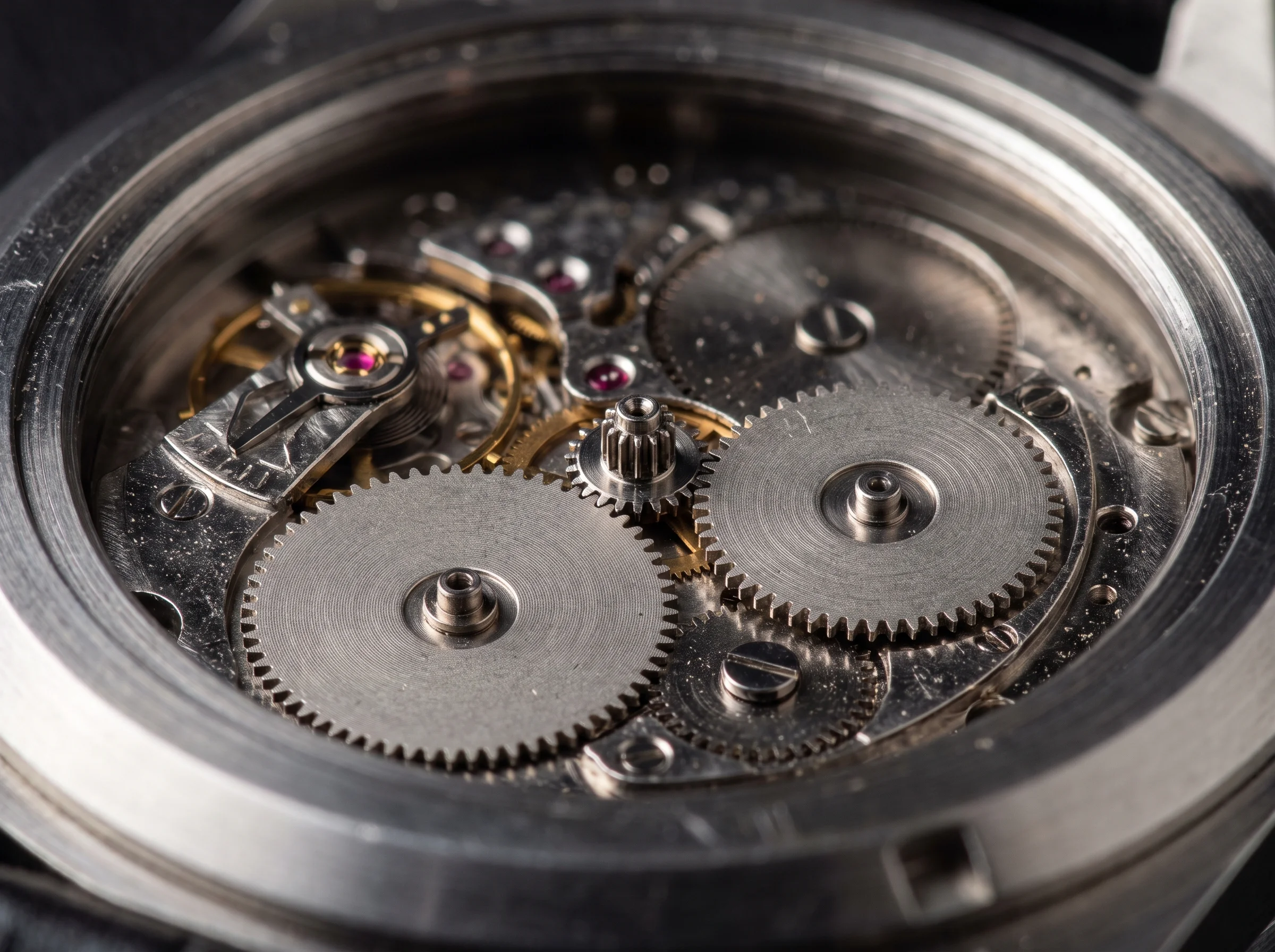 Macro of a disassembled watch date mechanism showing the toothed date discs and drive gears
