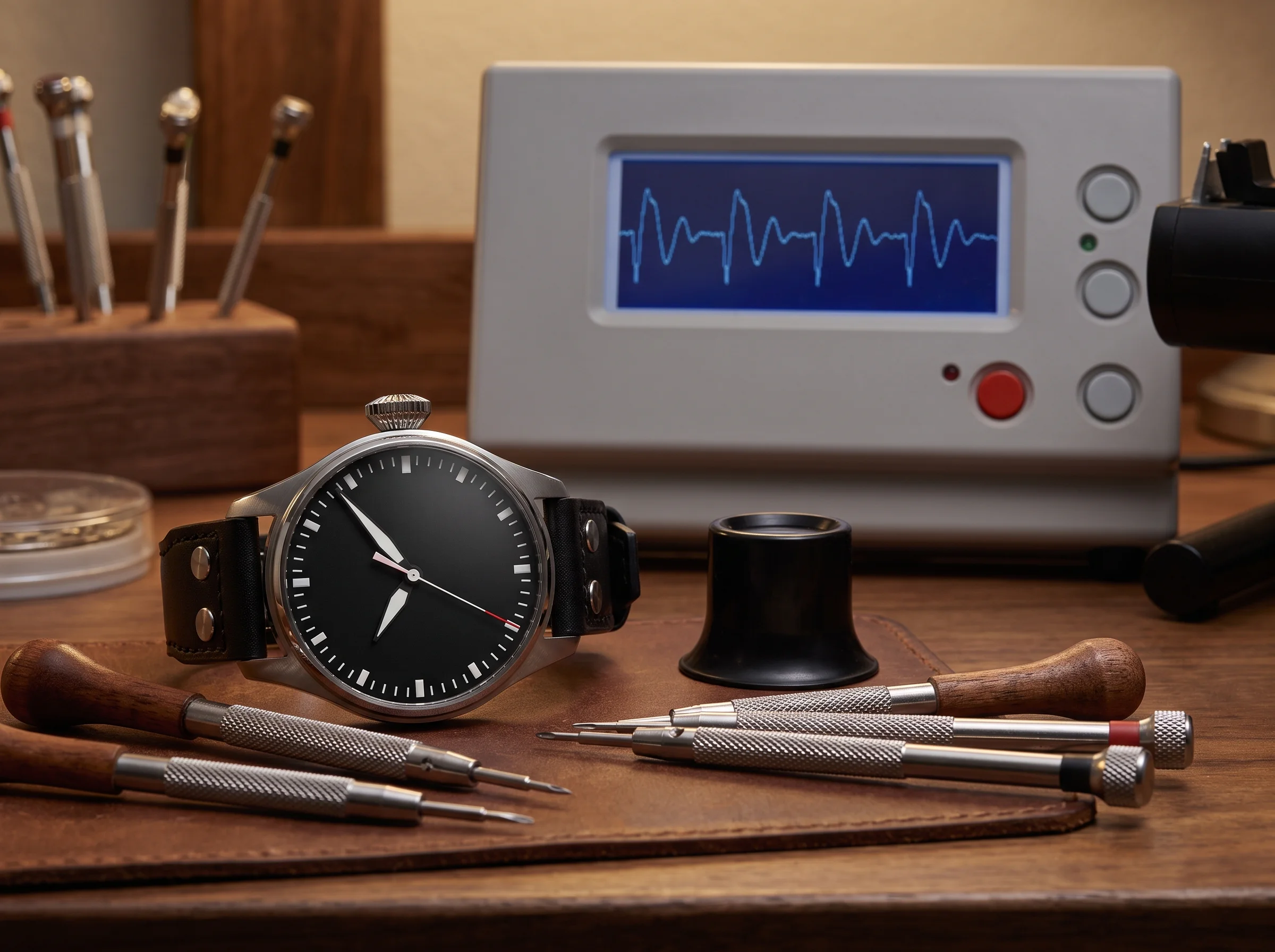 A large pilot's watch on a watchmaker's bench beside a timing machine displaying a rate waveform