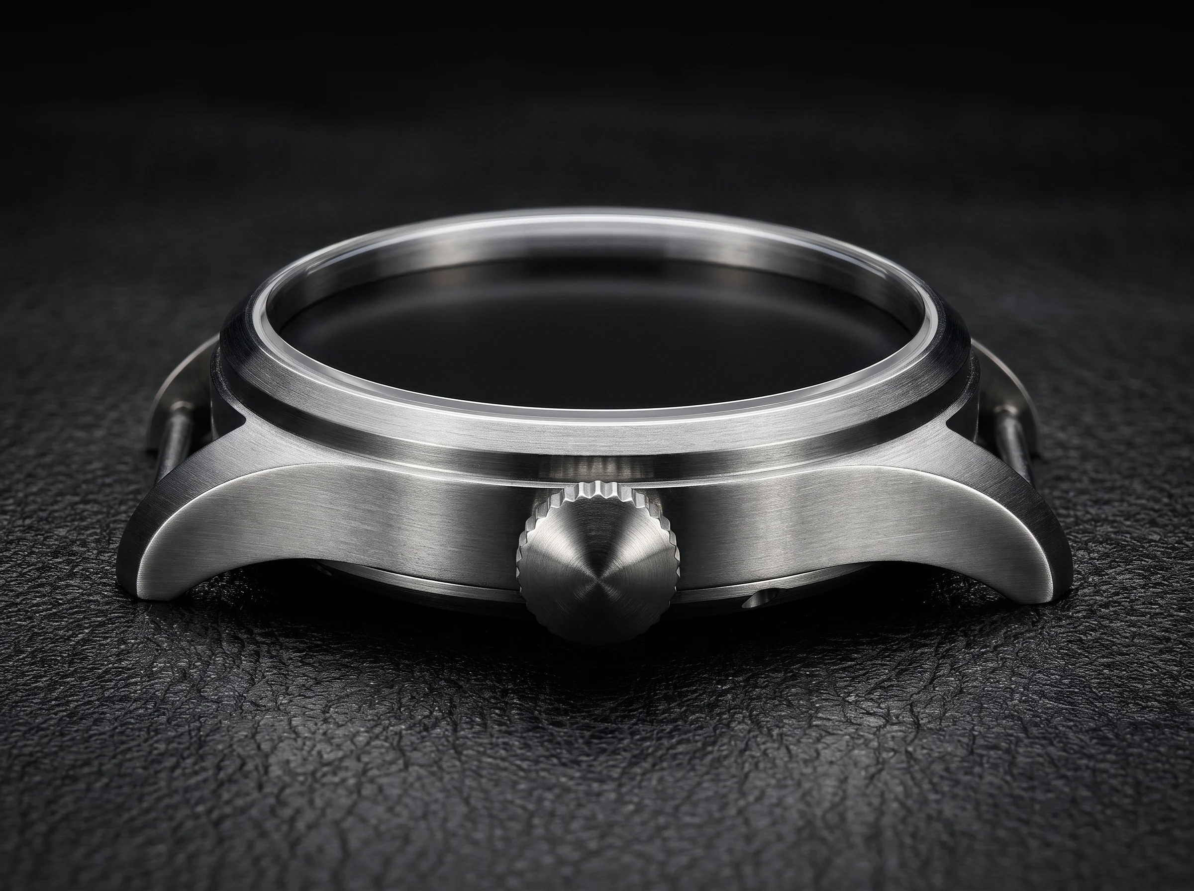 Case side profile of a large stainless steel pilot's watch with a conical crown