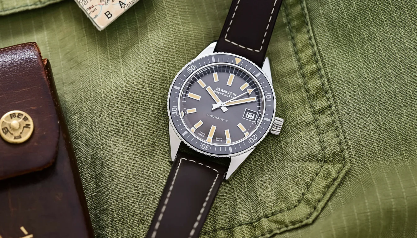 Blancpain Fifty Fathoms Bathyscaphe 70th Anniversary Limited Edition on a green field jacket, meteor grey dial and brown leather strap