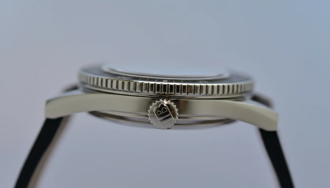 Case profile of the Blancpain Fifty Fathoms Bathyscaphe showing the fluted bezel edge and engraved crown logo