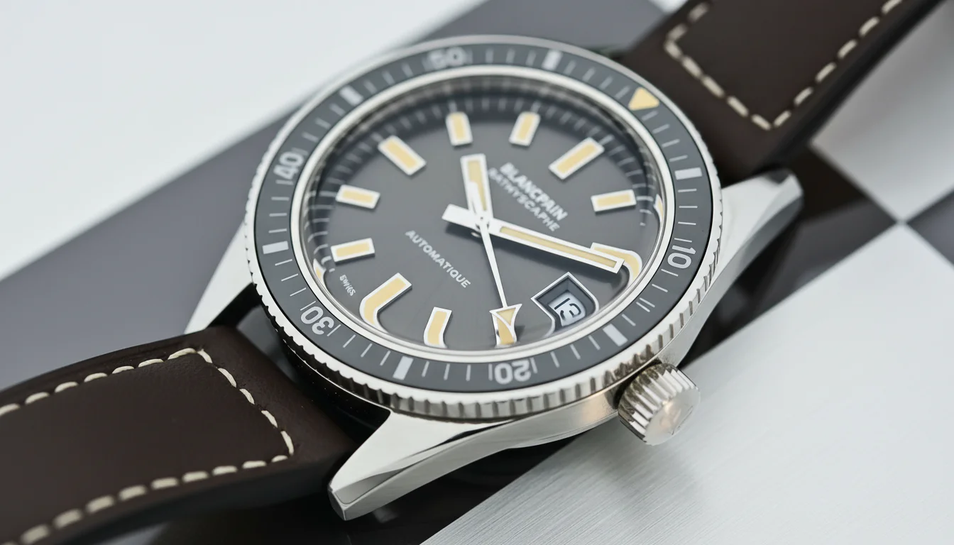 Angled macro of the Blancpain Fifty Fathoms Bathyscaphe meteor grey sunray dial with applied cream lume markers