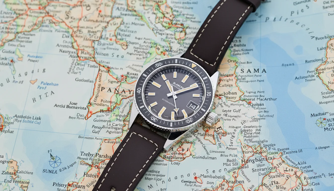 Blancpain Fifty Fathoms Bathyscaphe 70th Anniversary resting on a paper travel map