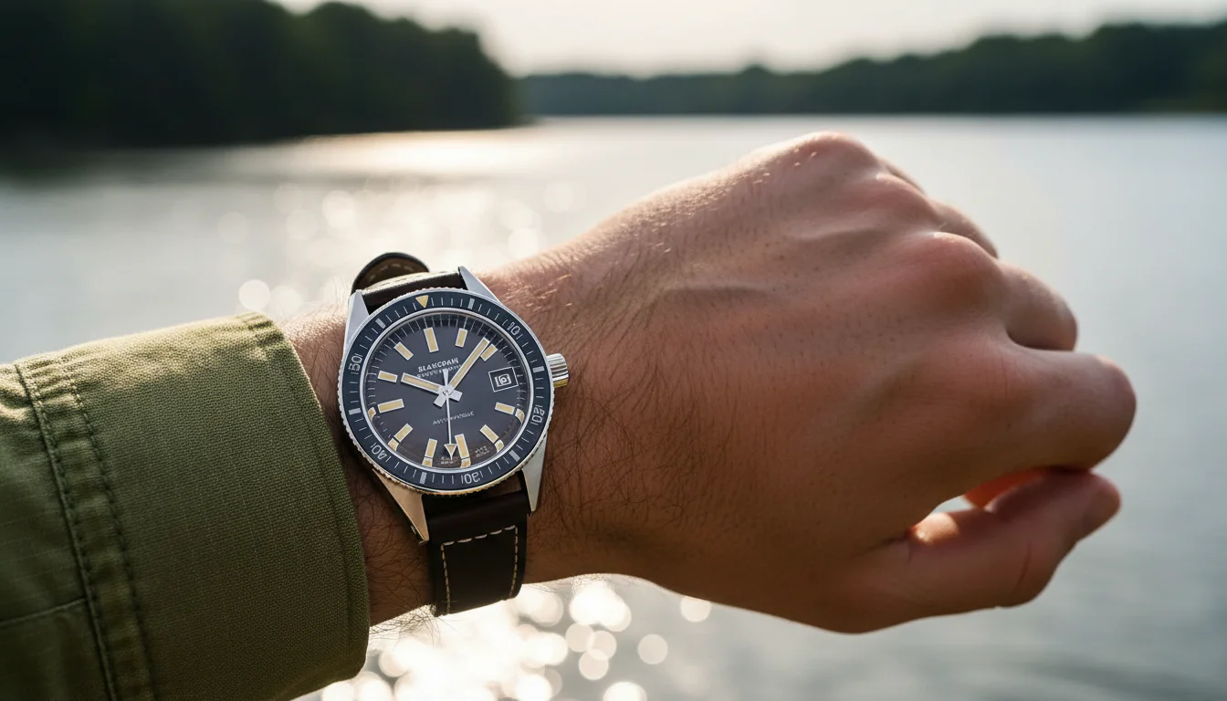 Blancpain Fifty Fathoms Bathyscaphe 70th Anniversary worn on the wrist near a lake at sunset