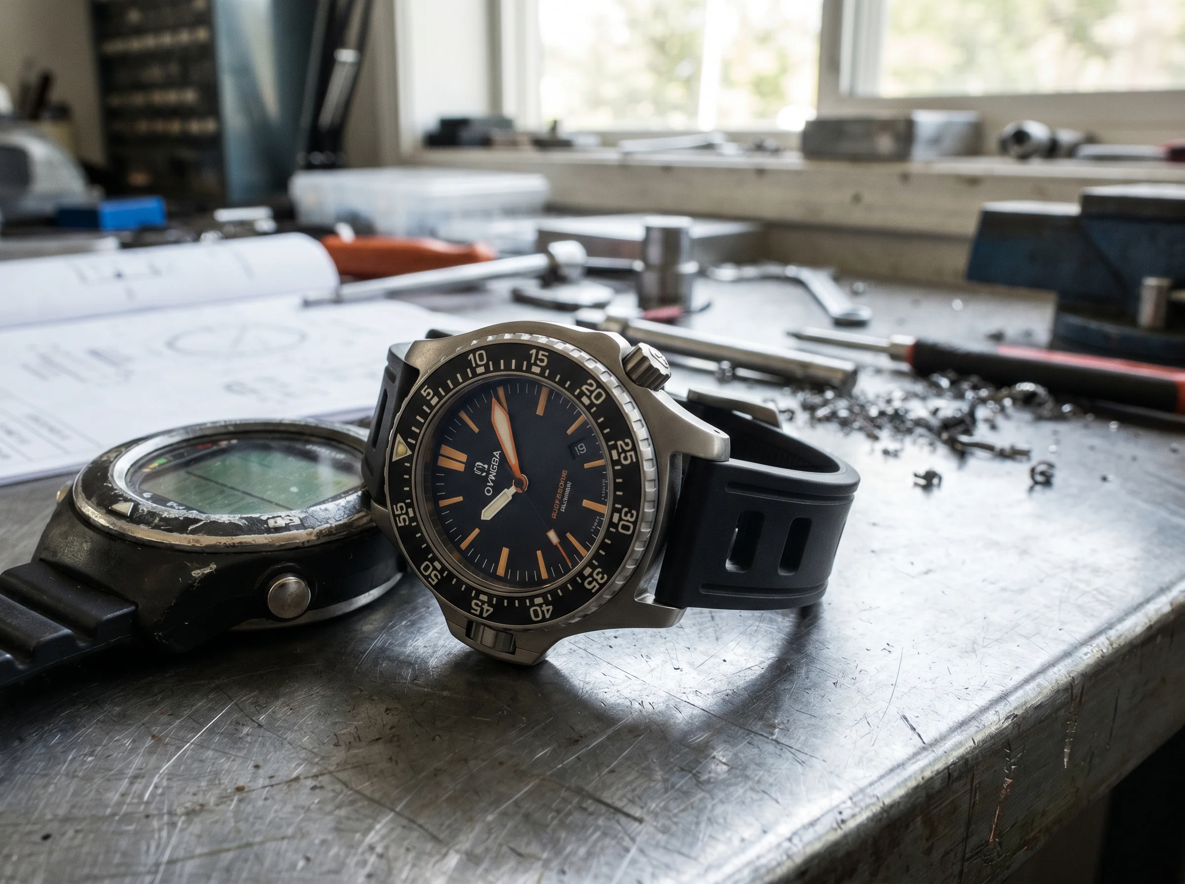 Blancpain Fifty Fathoms Tech showing the wide three-hour dive bezel and titanium case on a brushed metal surface