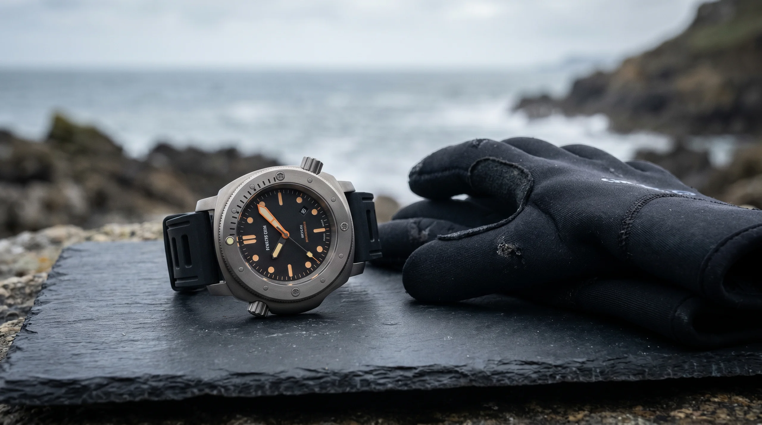 Blancpain Fifty Fathoms Tech in titanium with black rubber strap, three-hour bezel and matte black dial on dark slate