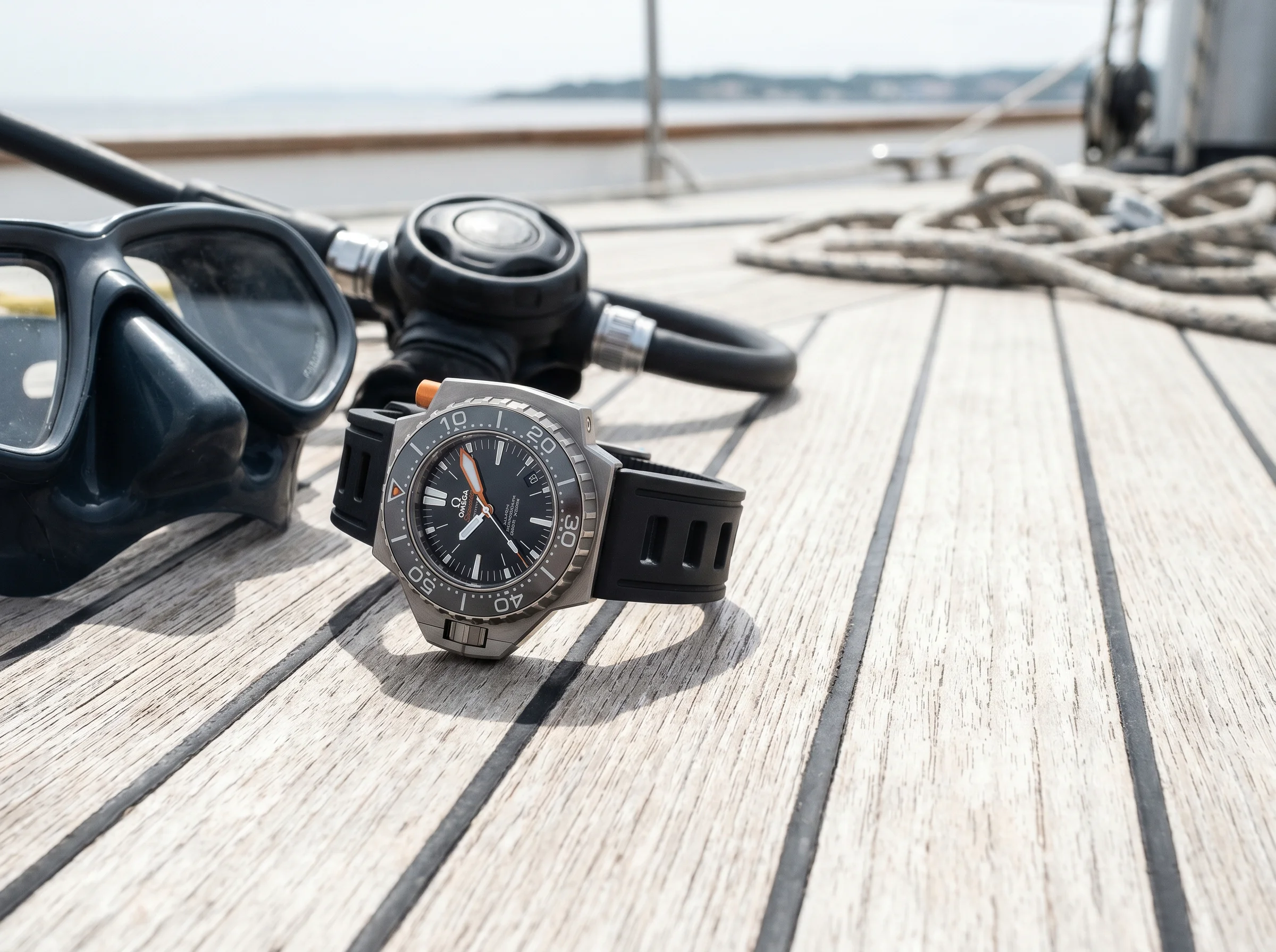 Blancpain Fifty Fathoms Tech on a teak boat deck beside a diving mask and regulator