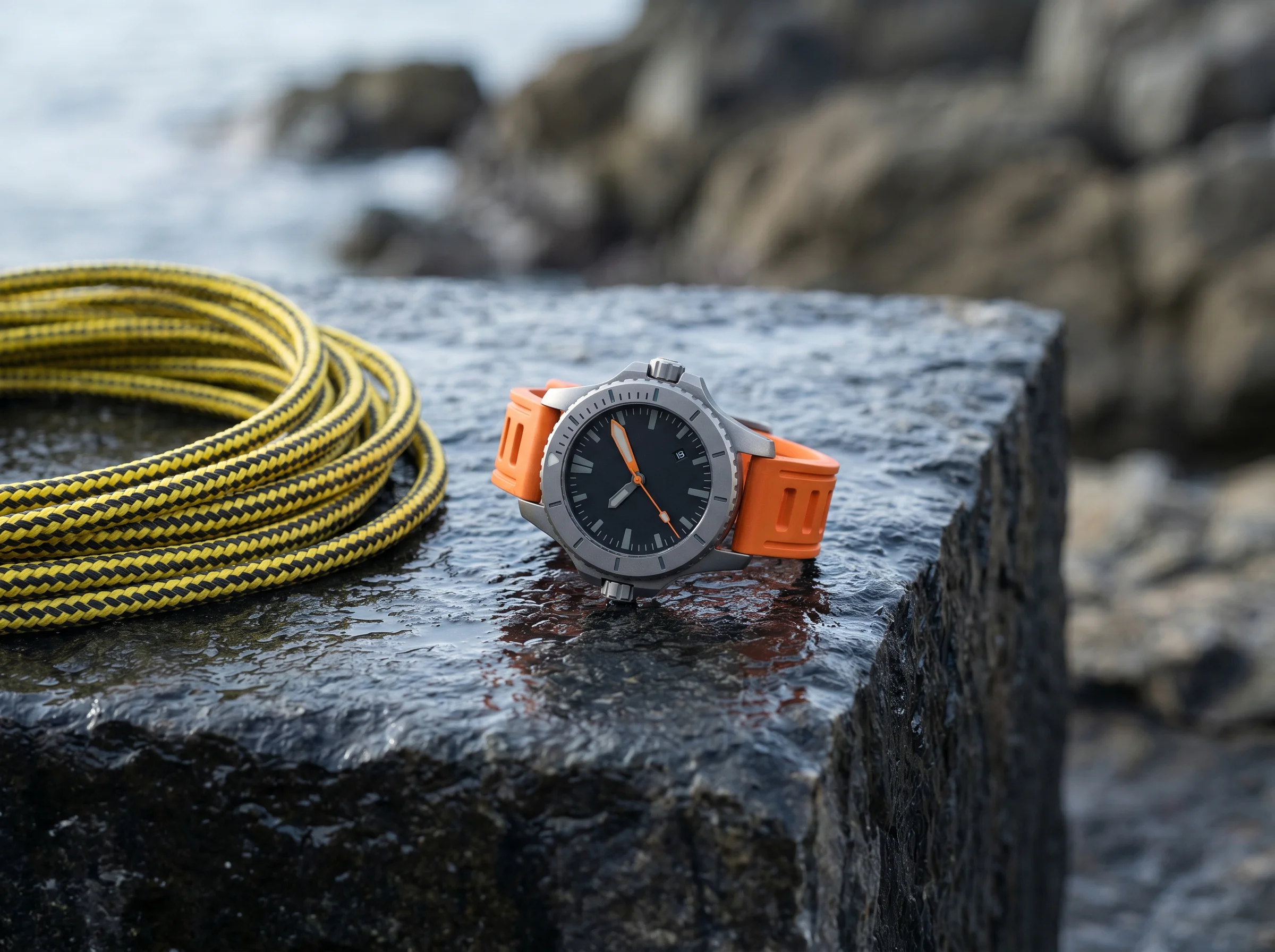 Blancpain Fifty Fathoms Tech in titanium with orange rubber strap on wet dark stone