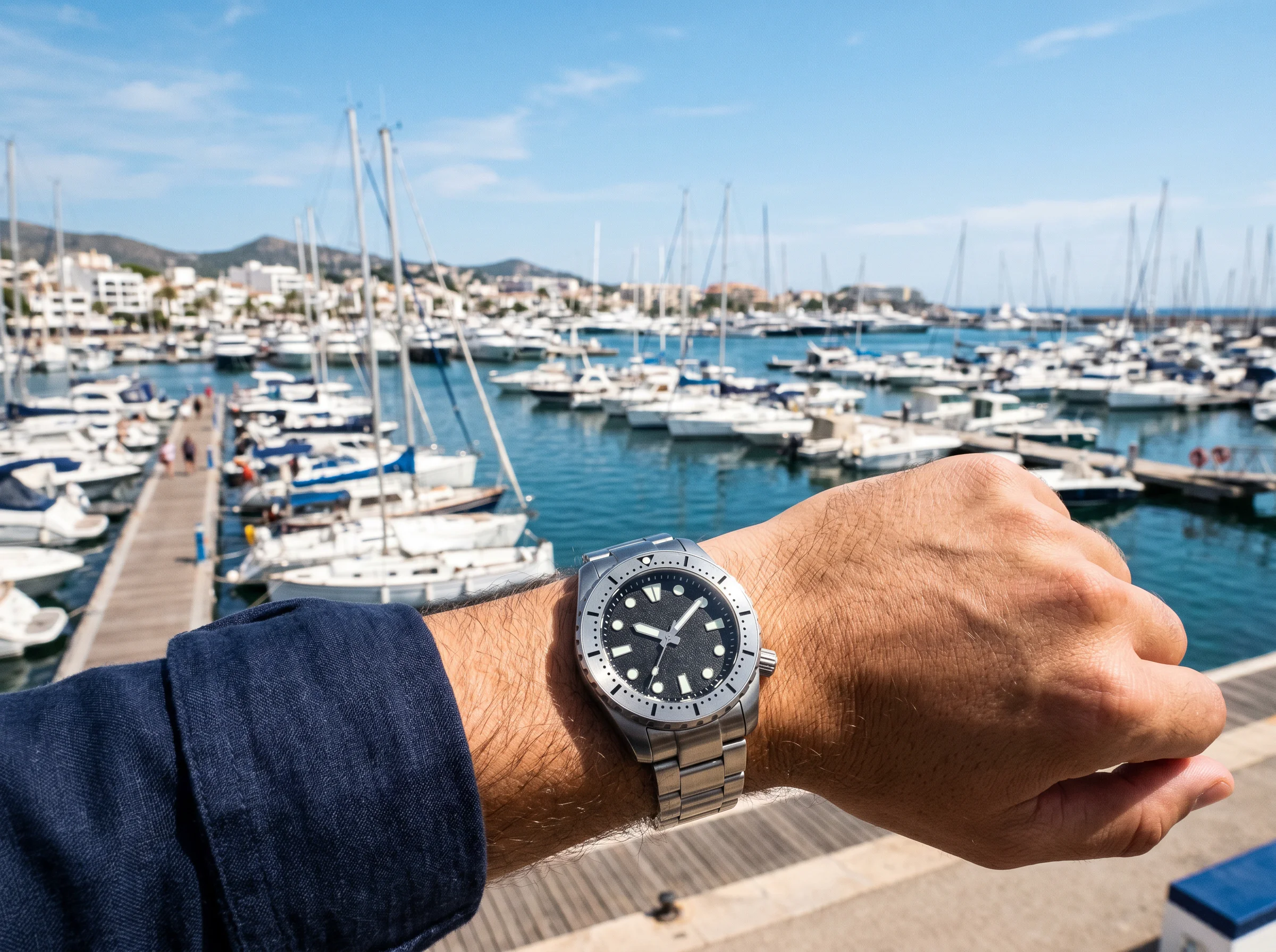 A bold stainless steel sports dive watch on a wrist against a marina with moored boats in summer daylight