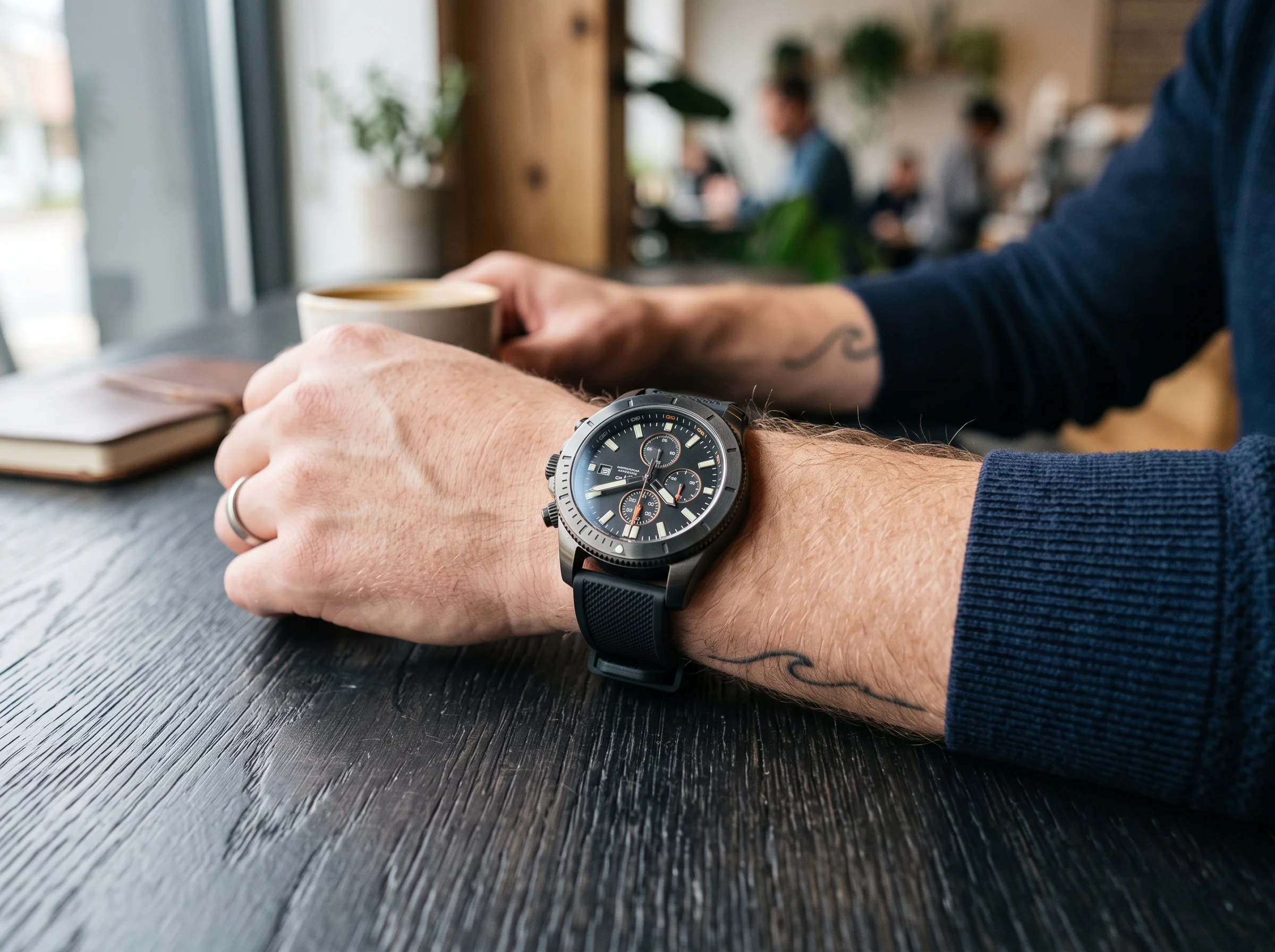 A bold modern sports chronograph with a large case and black rubber strap worn on a wrist