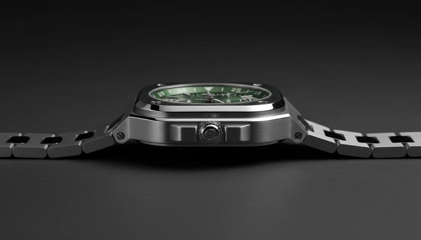 Case profile of the Bell and Ross BR-05 GMT Green Steel showing the signature square case architecture
