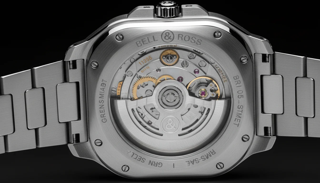 BR-CAL.325-1 automatic GMT movement visible through the Bell and Ross BR-05 GMT Green Steel sapphire caseback