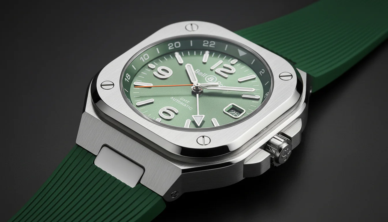 Bell and Ross BR-05 GMT Green Steel sunray sage green dial with orange GMT hand