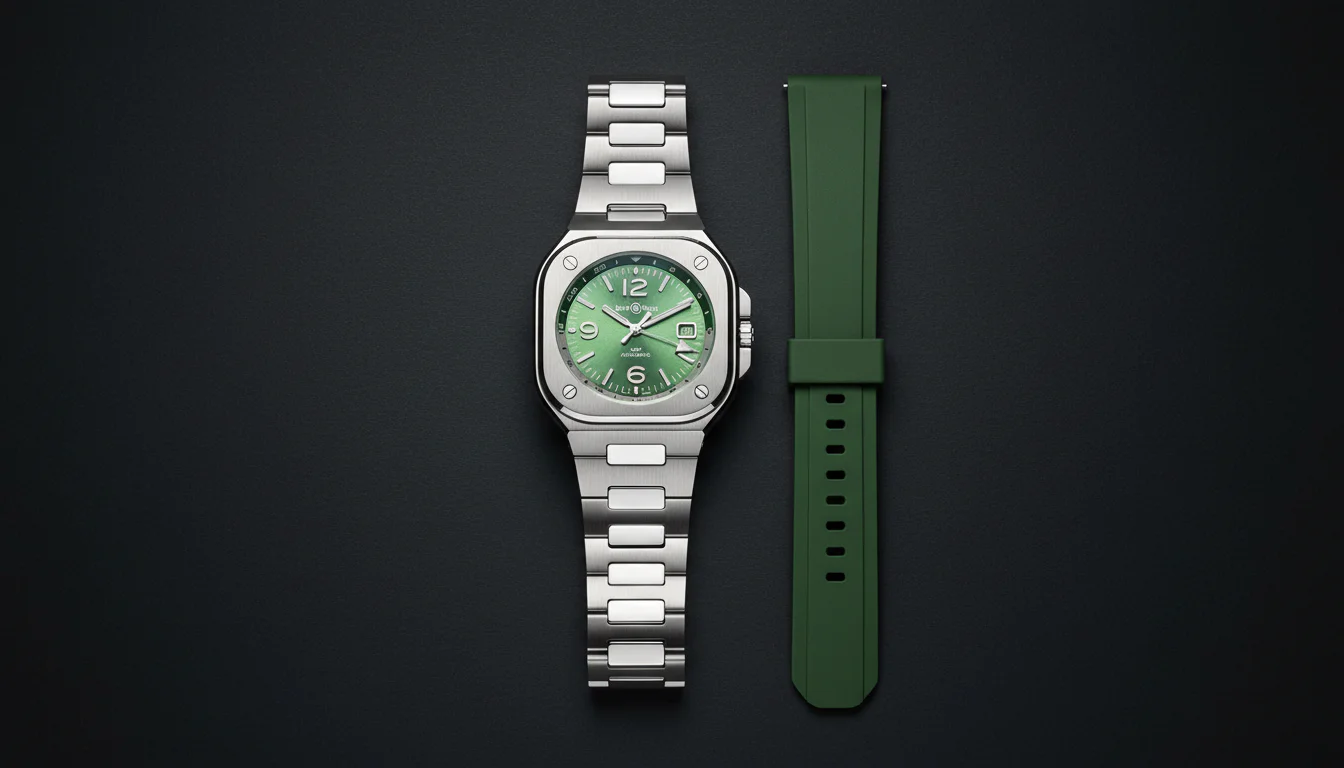 Bell and Ross BR-05 GMT Green Steel shown with its interchangeable green rubber strap option