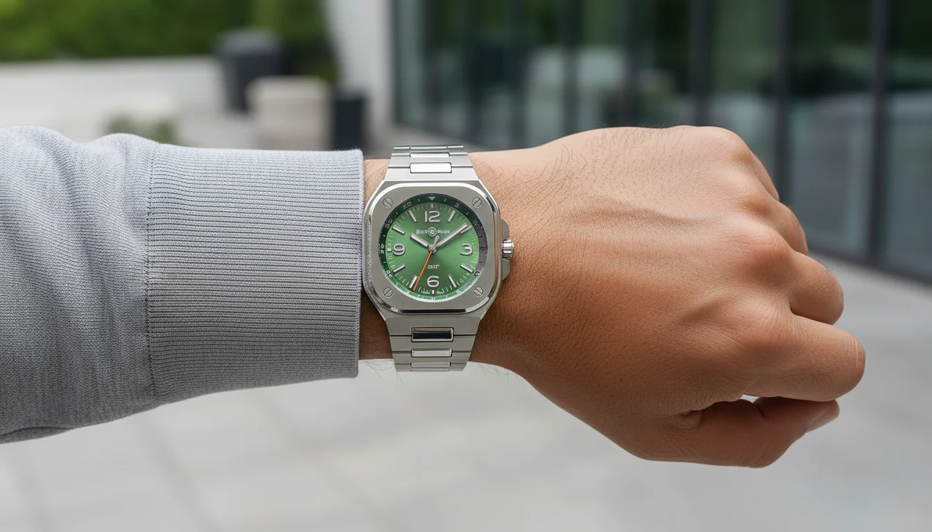 Bell and Ross BR-05 GMT Green Steel worn on the wrist on its integrated steel bracelet