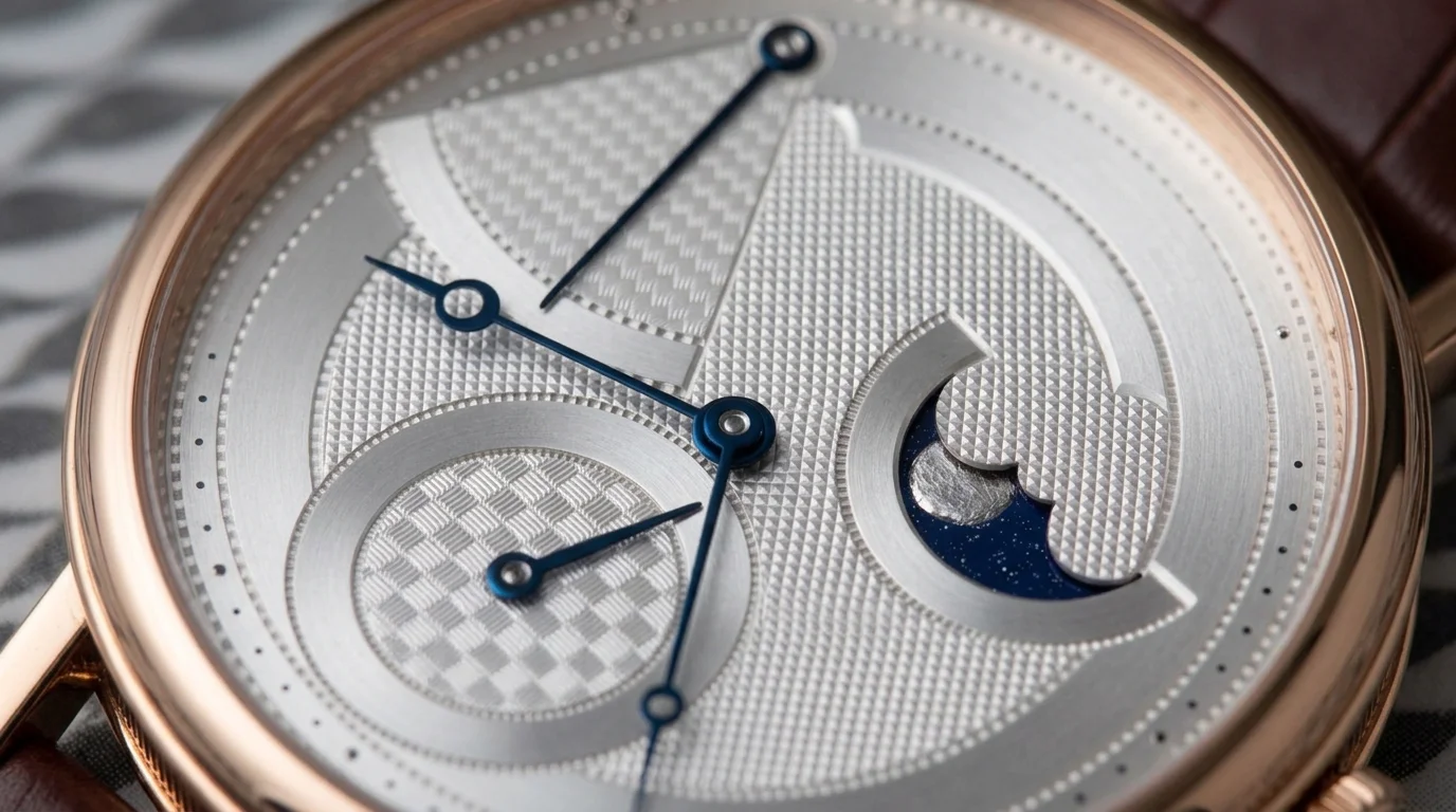 Macro shot of a Breguet dial with hand guilloche Clous de Paris hobnail pattern and blued steel hands