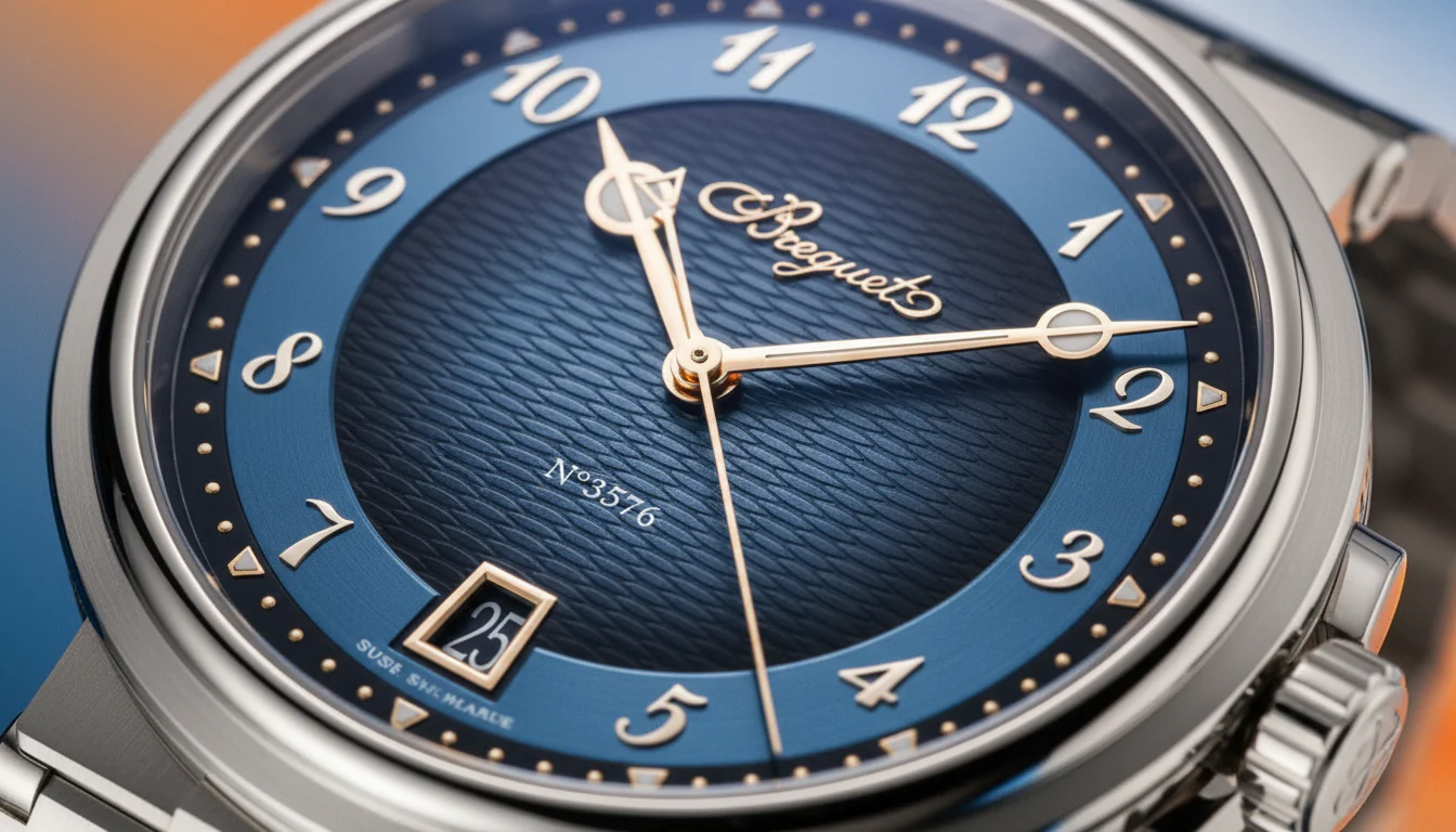 Macro of the Breguet Marine 5517's engine-turned Quai de l'Horloge guilloche dial