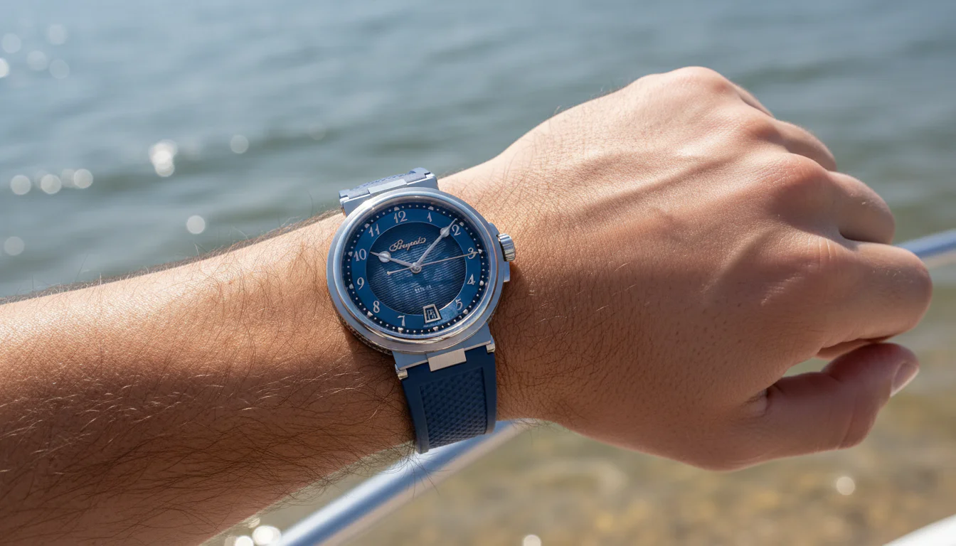 The Breguet Marine 5517 worn on the wrist near water