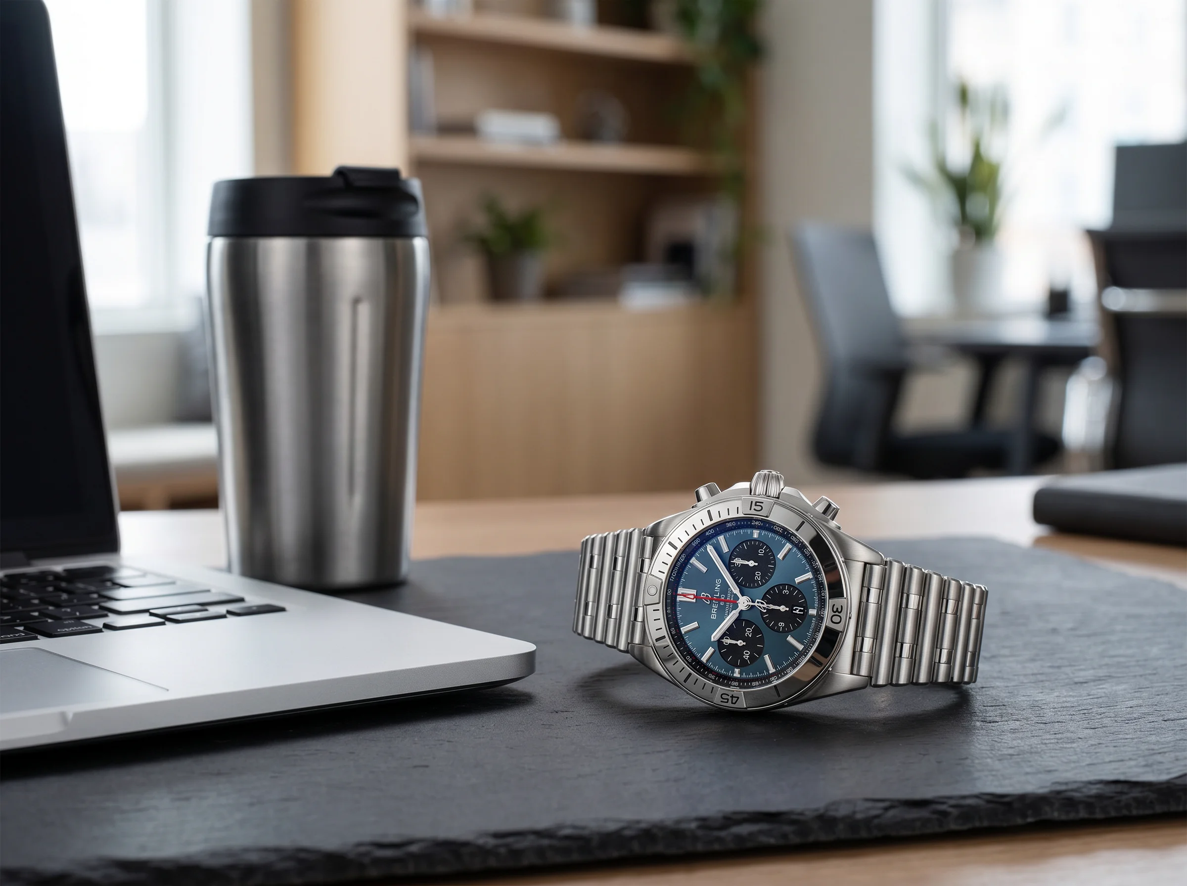 Breitling Chronomat B01 42 with blue dial and rider-tab bezel on a slate desk beside a laptop